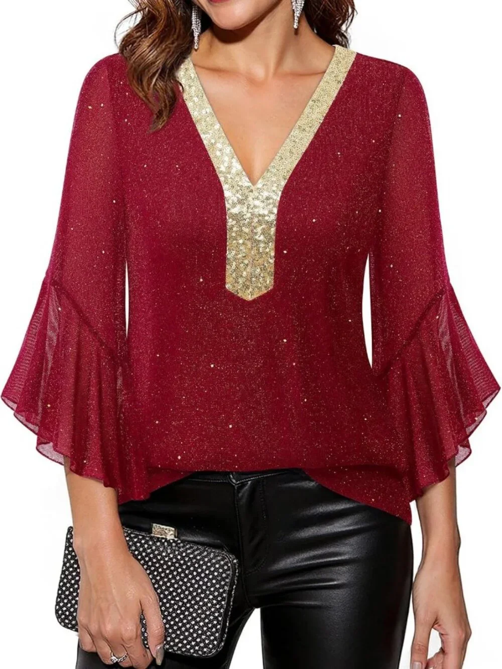 Ruffle 3/4 Sleeve Sparkly Sequin V Neck Blouse - Dressy Fall Top for Women